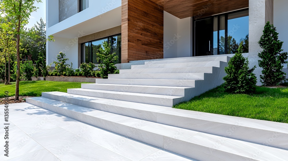 Modern Architecture with White Steps and Wood Facade with Green Landscape Modern Architecture with White Steps and Wood Facade with Green Landscape