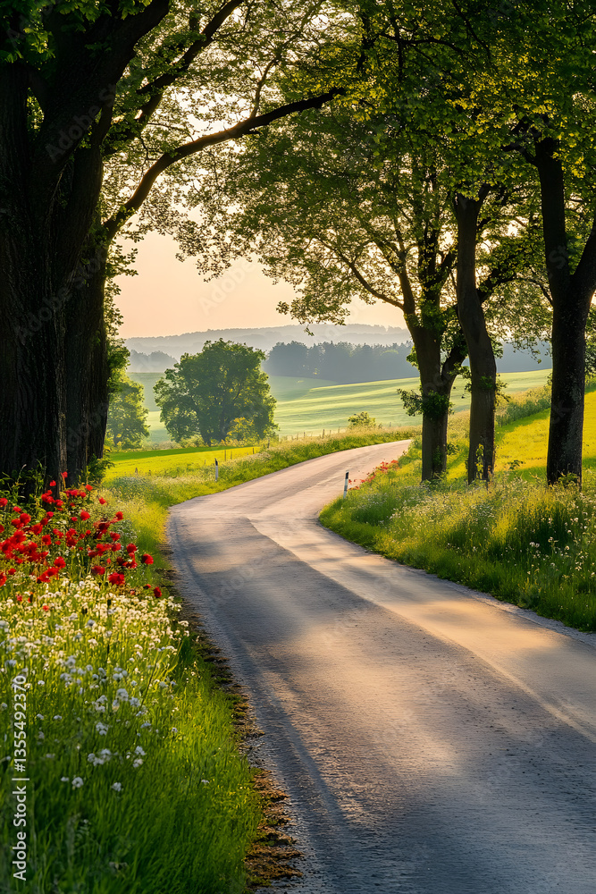 Scenic Countryside Road Winding Through Lush Fields and Verdant Trees Scenic Countryside Road Winding Through Lush Fields and Verdant Trees