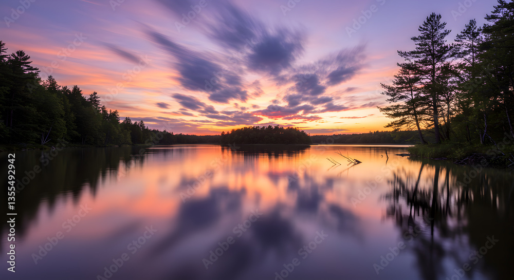 Fototapeta premium Reflecting Lake Landscape at Sunset with Dramatic Clouds and Forest