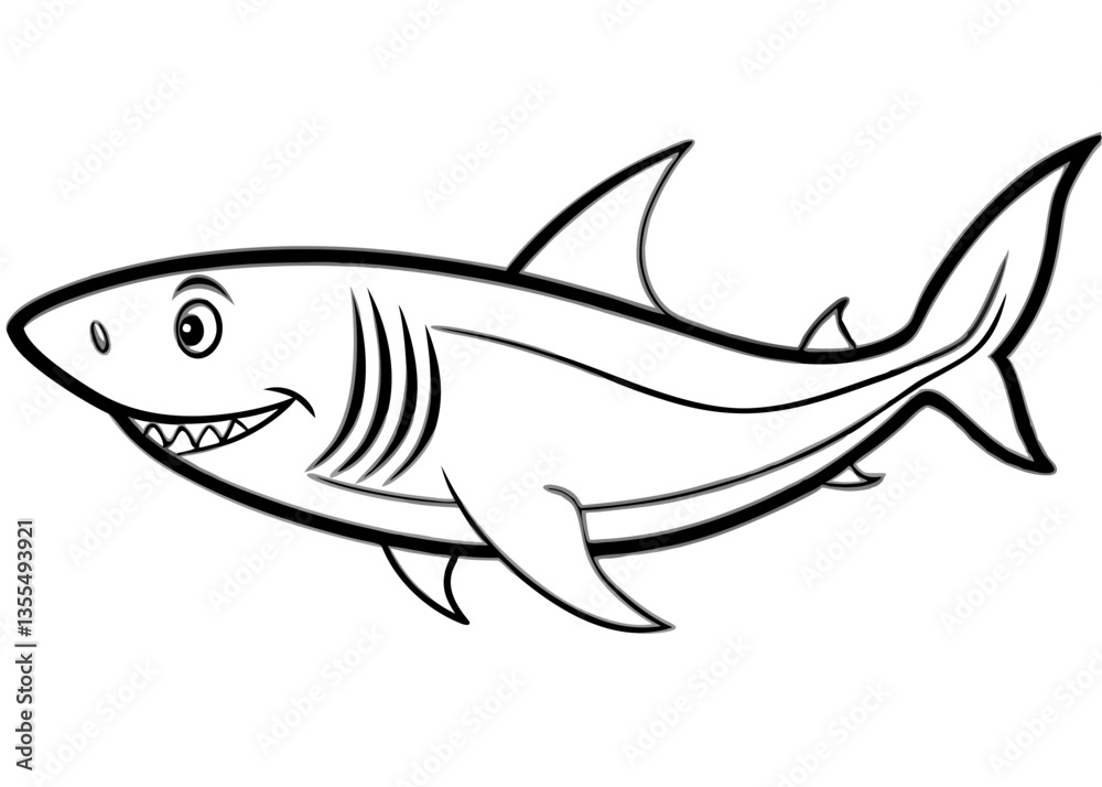 Simplified Shark Illustration: A black and white illustration of a shark, its sleek body and sharp teeth displayed in a simplified, cartoonish style. Simplified Shark Illustration: A black and white illustration of a shark, its sleek body and sharp teeth displayed in a simplified, cartoonish style.