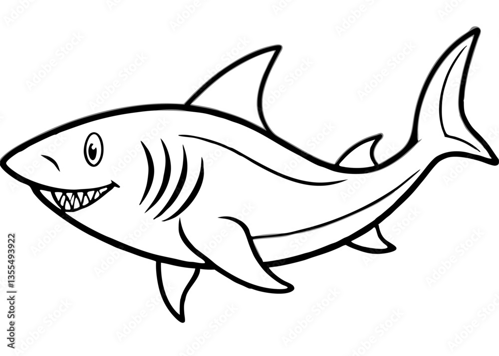 Shark Illustration: A black and white line drawing of a friendly shark, a stylized representation of a marine predator, perfect for educational content and artistic projects. Shark Illustration: A black and white line drawing of a friendly shark, a stylized representation of a marine predator, perfect for educational content and artistic projects.