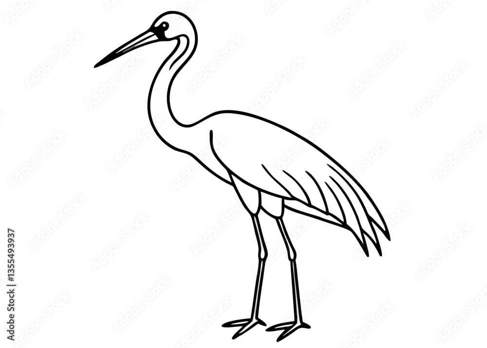 Fototapeta premium Elegant Crane in Ink: A poised crane is captured in a sleek ink drawing, showcasing the grace of avian life, against a plain background. 