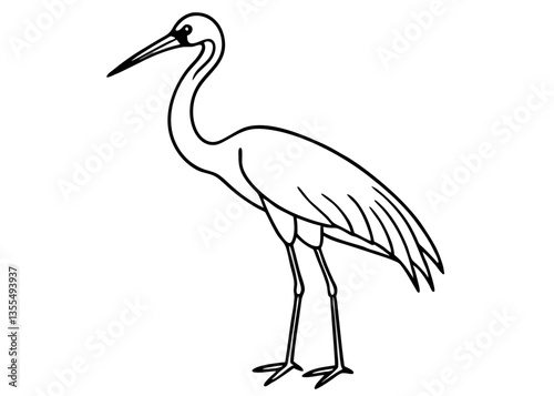 Elegant Crane in Ink: A poised crane is captured in a sleek ink drawing, showcasing the grace of avian life, against a plain background. 