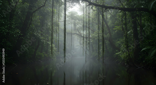 Dense Forest with Overhanging Vines Reflecting in Calm River Water