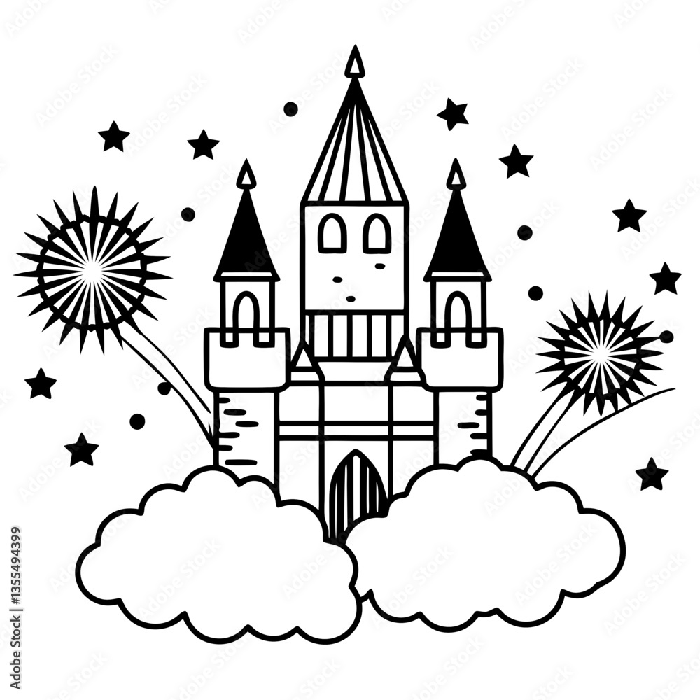 Fototapeta premium Cartoon vector fairytale castle illustration, a fantasy tower in a medieval town