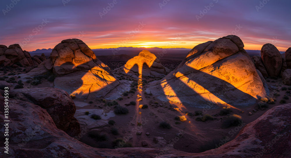 Fototapeta premium Desert Landscape with Rock Formations Glowing at Sunset with Light Rays