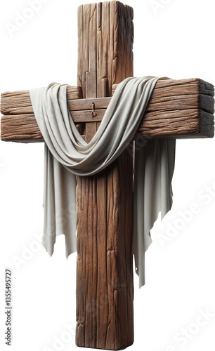 A wooden cross draped with a white cloth. transparent background