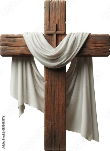 A wooden cross draped with a white cloth. transparent background