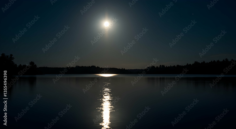 Fototapeta premium Moonlit Lake Night Scene with Reflections and Starry Sky Above