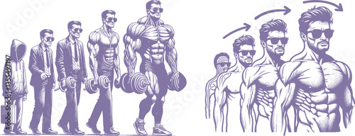 Engraved Transformation of a Man in Sunglasses from Unfit to Muscular Bodybuilder Design 
