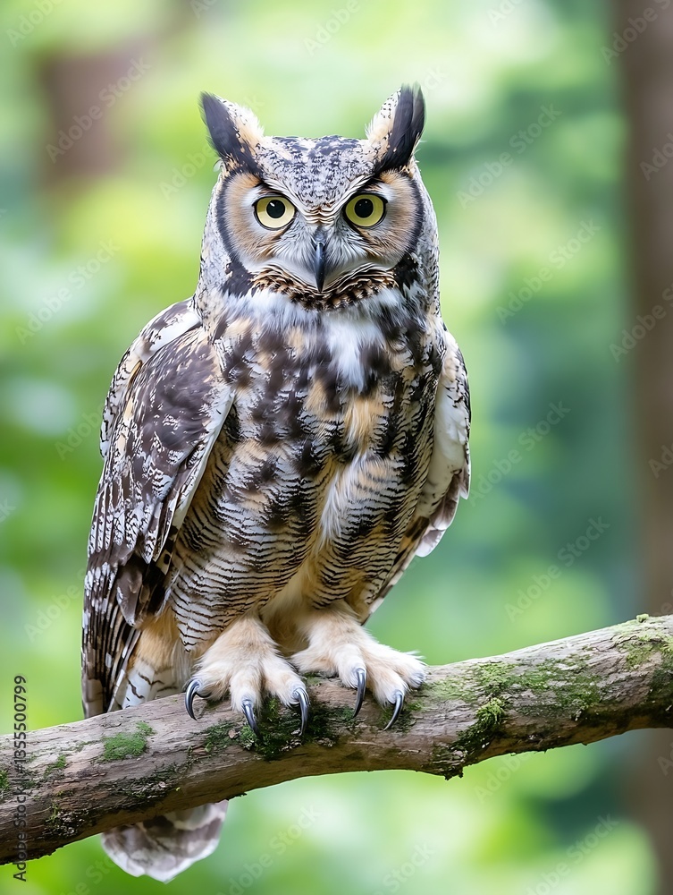 Obraz premium Majestic Owl Perched Gracefully on a Branch in Lush Green Forest : Generative AI