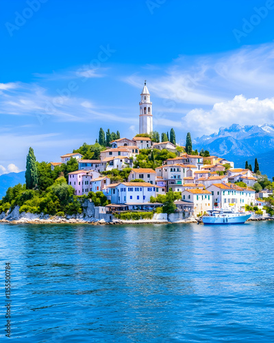 Island village, Adriatic Sea, summer, boat, mountains