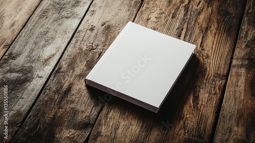 Blank white square book mockup on rustic wooden surface.