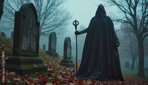 Mysterious figure in black cloak holding staff in foggy graveyard  