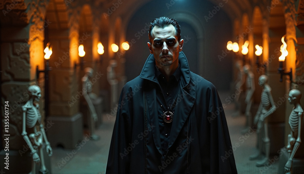 Gothic vampire standing confidently in a dimly lit crypt Gothic vampire standing confidently in a dimly lit crypt