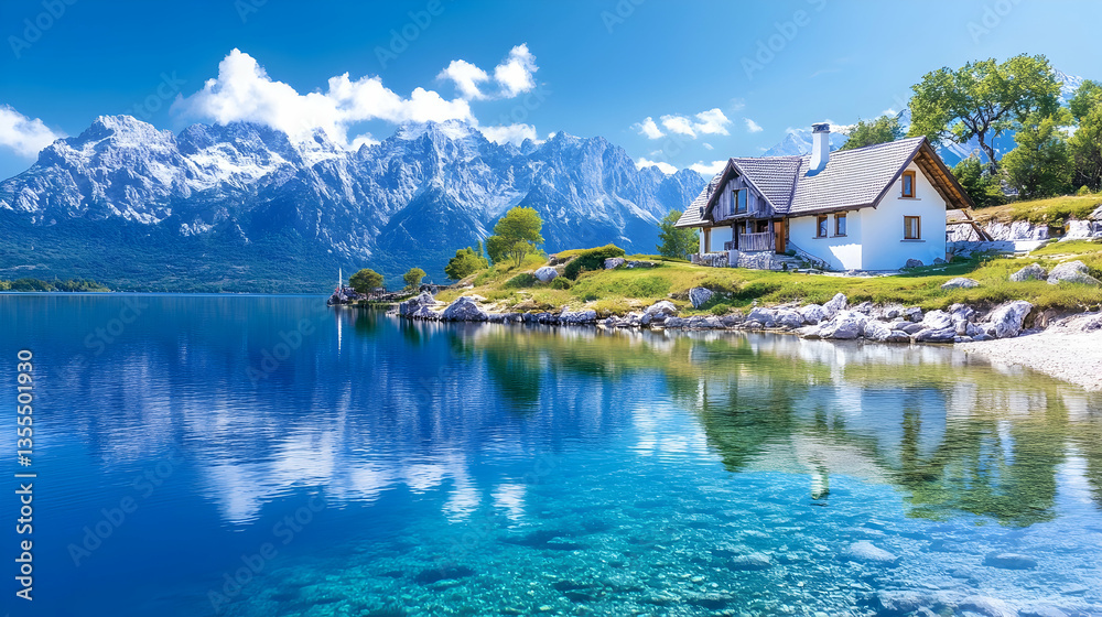 Fototapeta premium Lakeside chalet, mountain view, summer vacation