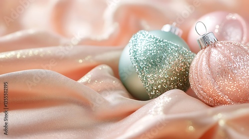 Delicate ornaments resting on soft pink satin fabric are shimmering