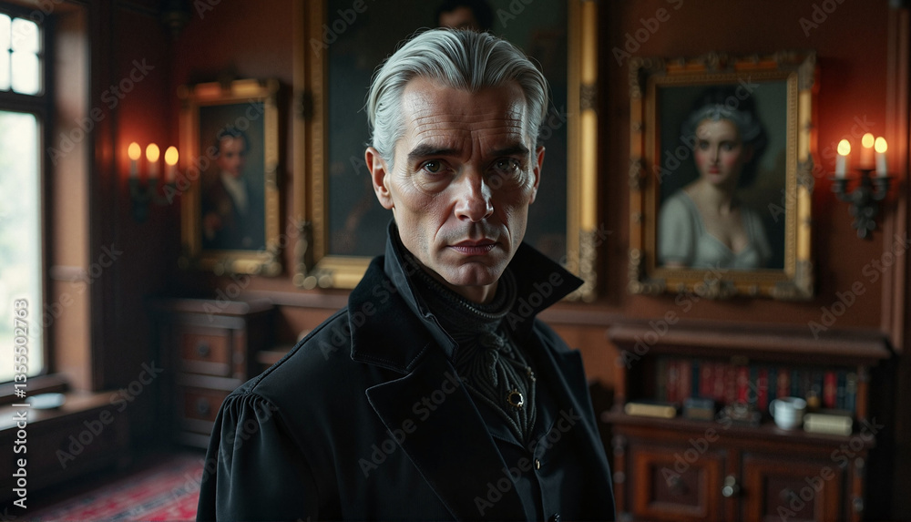 Gothic vampire portrait showcasing a brooding character indoors Gothic vampire portrait showcasing a brooding character indoors