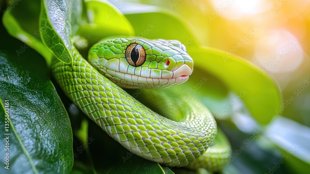 Close-up of vibrant green snake coiled amidst lush foliage, sunlit background Close-up of vibrant green snake coiled amidst lush foliage, sunlit background