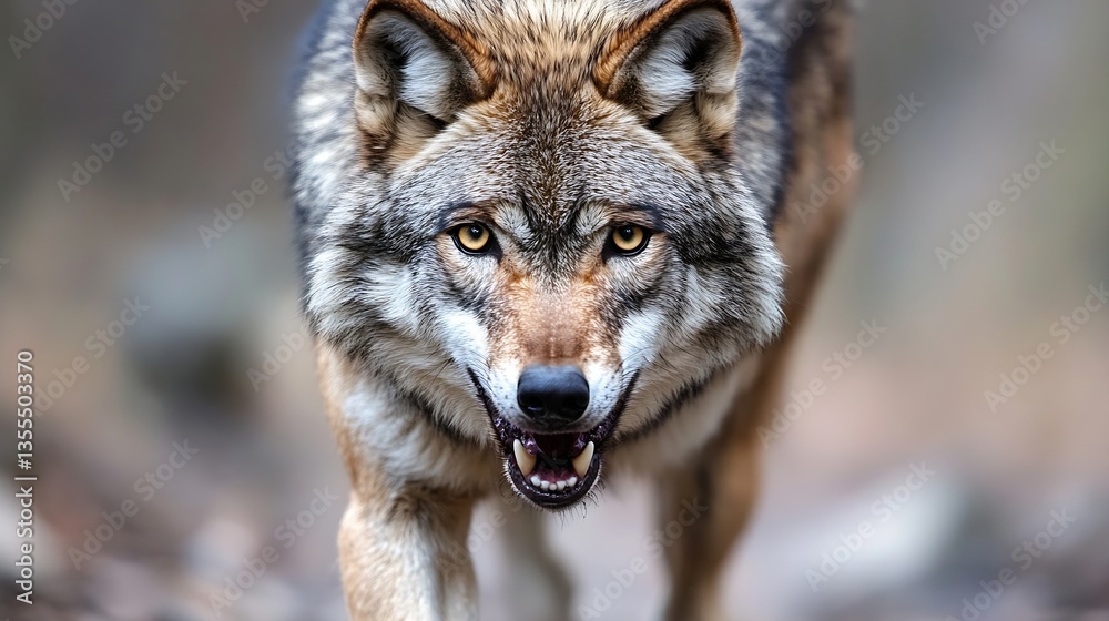 Naklejka premium Fierce wolf exhibiting a powerful gaze while walking through a natural forest habitat : Generative AI