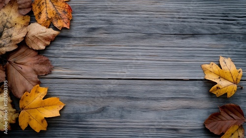 Flat lay of autumn leaves arranged artistically on rustic wooden surface creating a seasonal feel : Generative AI photo