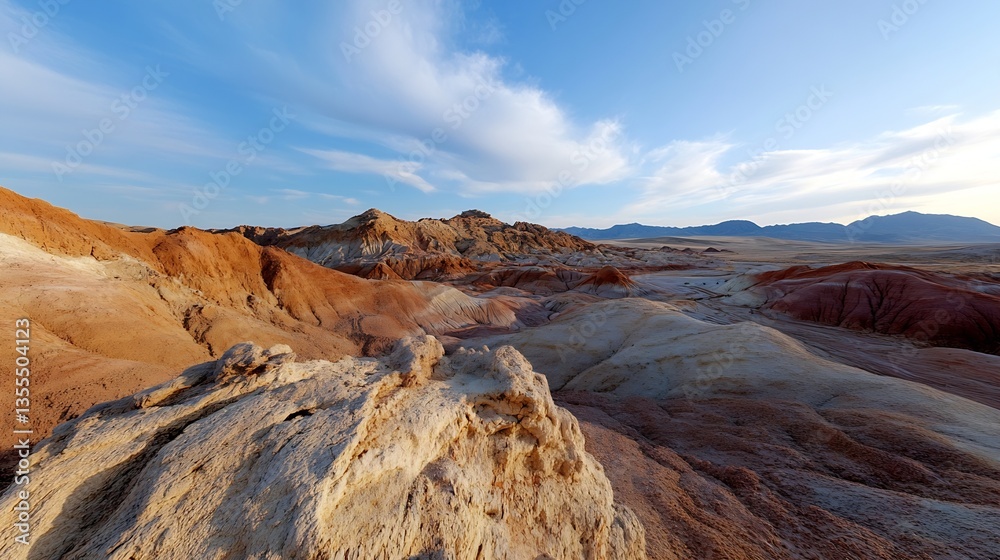 Fototapeta premium Stunning panoramic view of a unique desert landscape showcasing vibrant colors and textured terrain in natural light : Generative AI