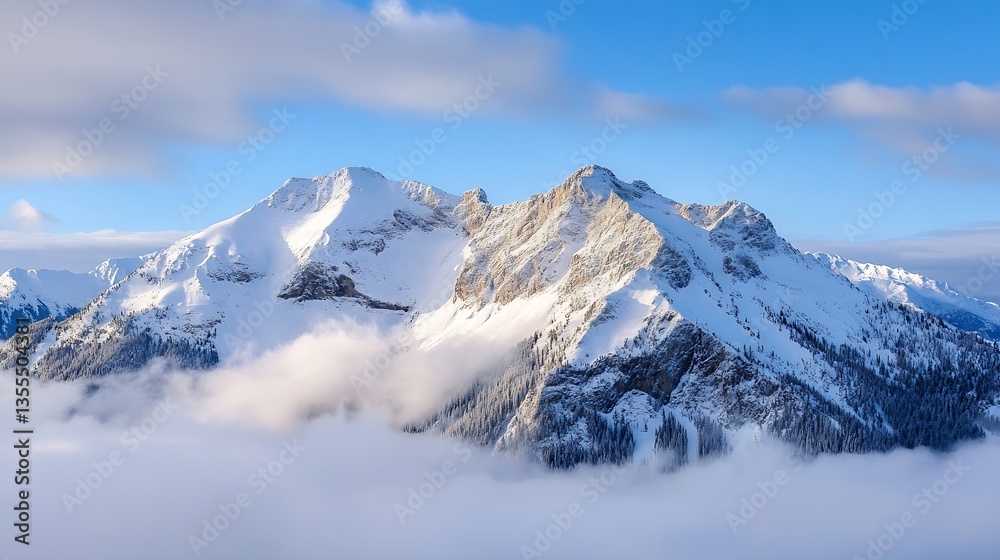 Majestic snow capped mountain peaks emerging from soft clouds in bright sky : Generative AI Majestic snow capped mountain peaks emerging from soft clouds in bright sky : Generative AI