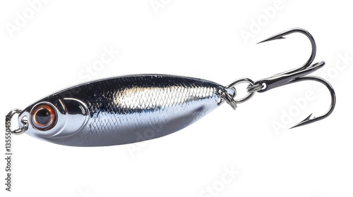 A highly detailed artificial fishing lure shaped like a small fish, with vibrant colors and intricate textures, featuring realistic scales and a treble hook. Isolated on white background.