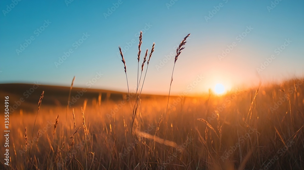 Obraz premium Golden hour sunlight illuminating a field of tall grass creating a serene and peaceful atmosphere : Generative AI