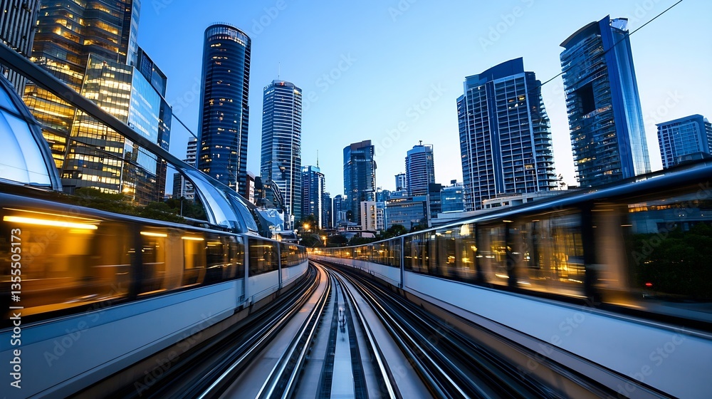 Fototapeta premium Dramatic Urban Sunset with Skyscrapers and Train Tracks Captured in a Dynamic Perspective : Generative AI