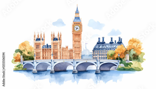 London autumn, Big Ben, Parliament, bridge, river. Travel guide illustration