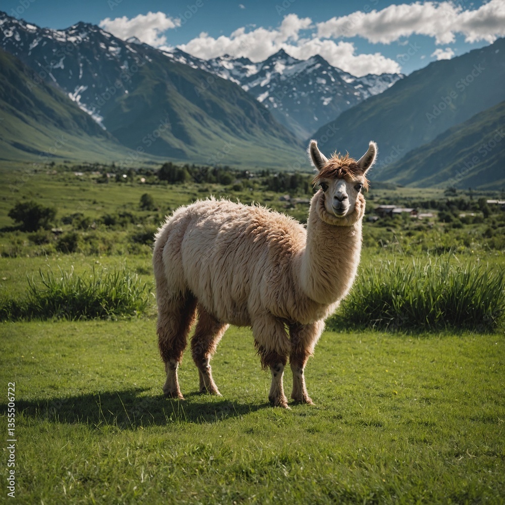 Fototapeta premium Llama Grazing in an Andean Mountain Meadow