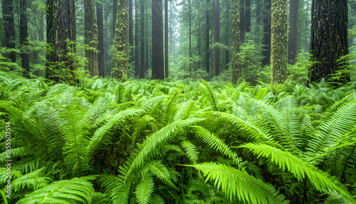 Lush ferns in misty redwood forest; nature background