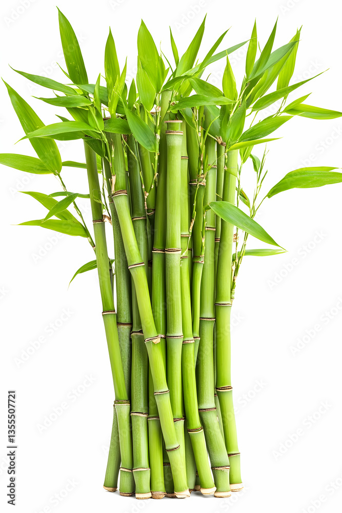 Obraz premium Lush green bamboo stalks, leaves, isolated, white background, nature backdrop