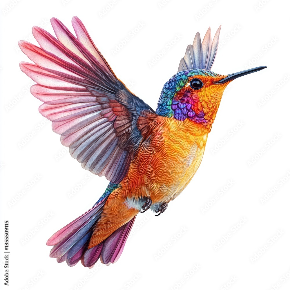 Fototapeta premium Hummingbird color drawing isolated. Colorful tropical bird hummingbird concept art, design, print, logo, drawing, art. Hummingbird tattoo.