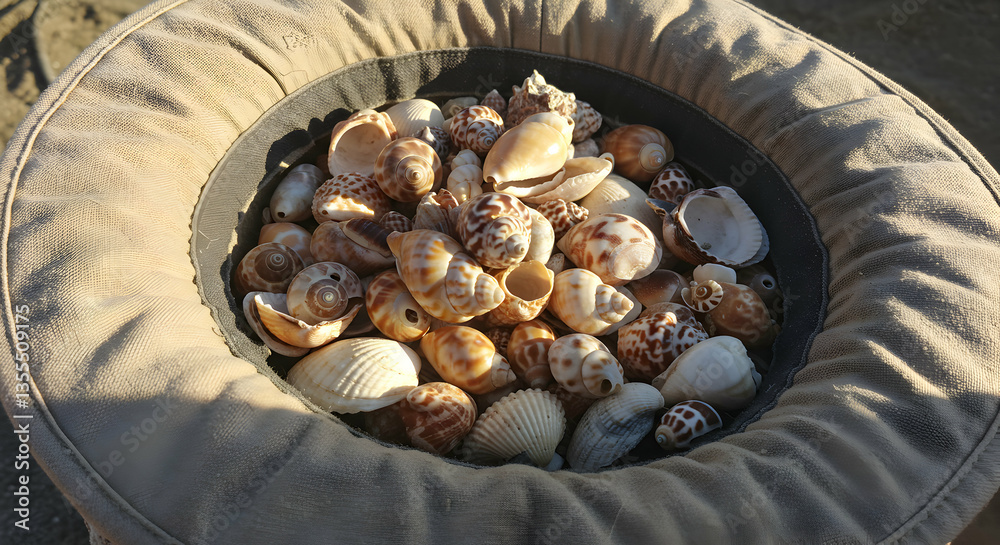 Fototapeta premium Seashells Collected Inside Hat with Warm Sunlight Creating Soft Shadow