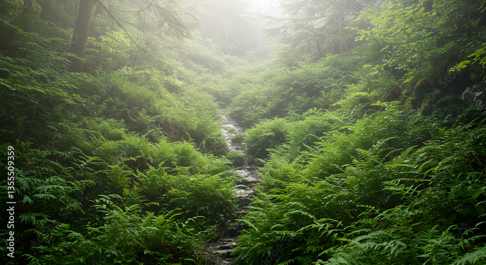 Obraz premium Hiking Trail Through Lush Green Ferns and Foggy Forest Landscape