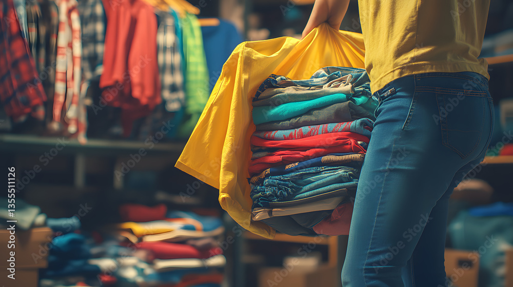 Fototapeta premium A person carries a large pile of folded clothes in a yellow bag. The background shows a closet full of clothing. The image depicts organization or donation.