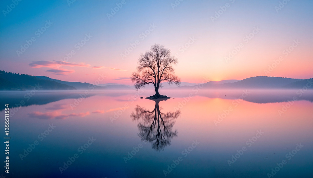 Fototapeta premium Serene tree reflecting on tranquil lake at sunrise