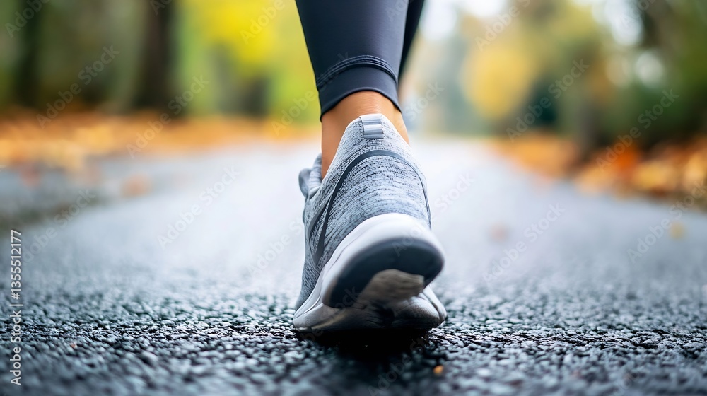 Close up of a running shoe on a road in autumn surrounded by colorful leaves and nature in background : Generative AI Close up of a running shoe on a road in autumn surrounded by colorful leaves and nature in background : Generative AI