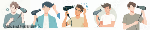 vector of young man using hairdryer