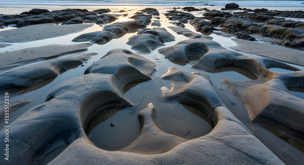 Fototapeta premium Coastal Rock Formations at Low Tide Create Serene Water Pools