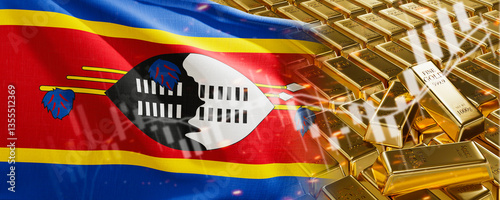 Gold bars with Swaziland flag. Chart simply precious metals stocks. National foreign-exchange reserve banking economy system. Golden reserve. 3d image