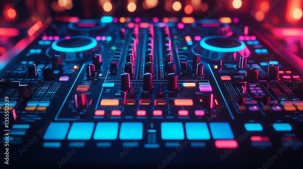 Close-up of a DJ mixer with vibrant neon lights, buttons, and knobs. Close-up of a DJ mixer with vibrant neon lights, buttons, and knobs.