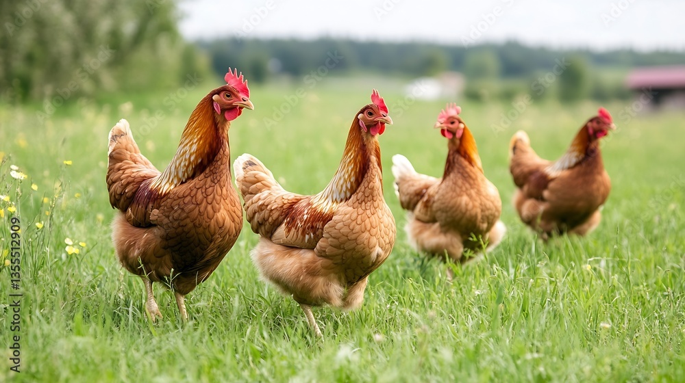Fototapeta premium Four lively chickens roaming freely in a lush green field under a cloudy sky : Generative AI