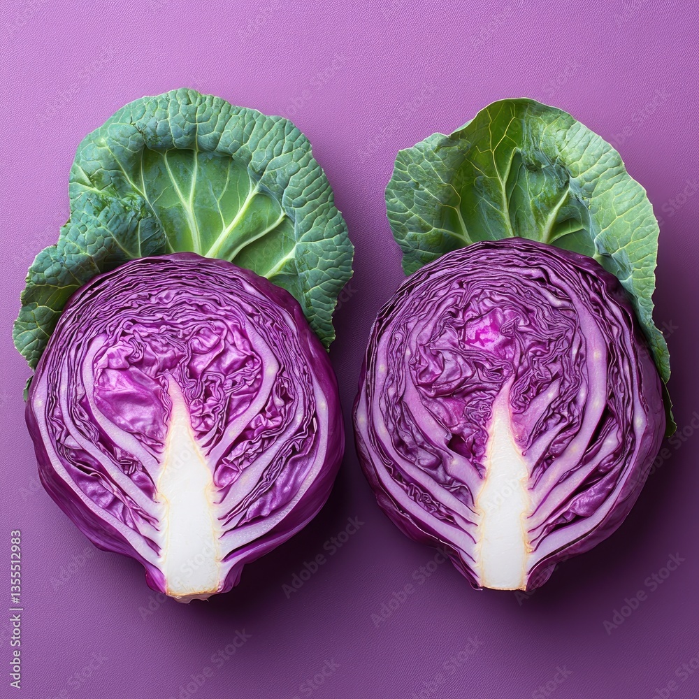 Obraz premium Purple cabbage isolate. Red cabbage. Healthy vegetable cabbage. Half, division, fractions, mathematics.