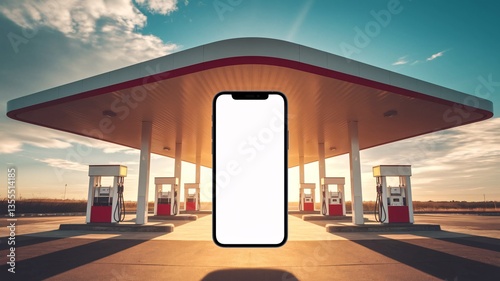 Digital Fuel Stop: A smart phone with a blank screen superimposed in front of a contemporary gas station during the sunny day, blending technology with an everyday setting.