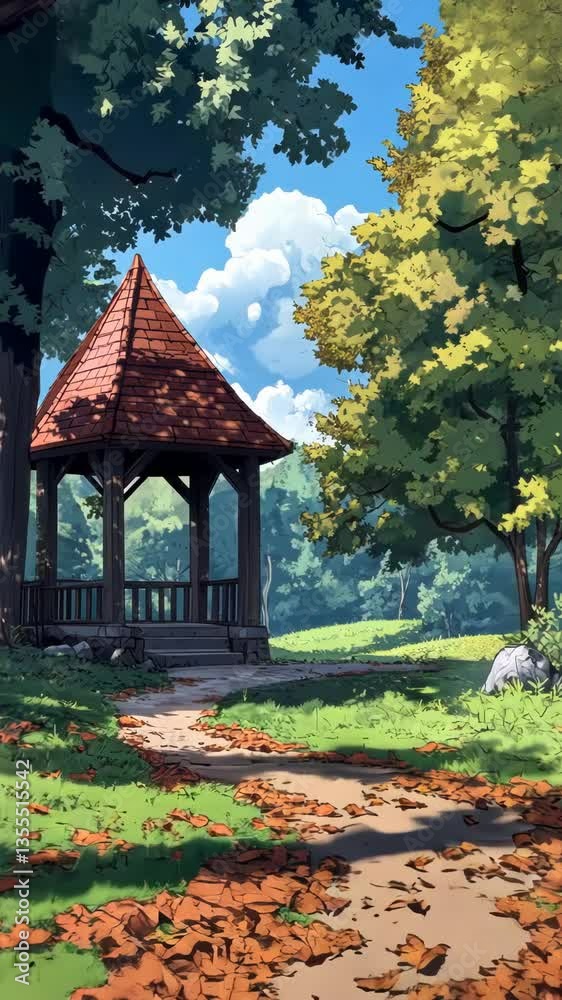 Serene garden gazebo surrounded by vibrant trees and a winding path under a blue sky Serene garden gazebo surrounded by vibrant trees and a winding path under a blue sky