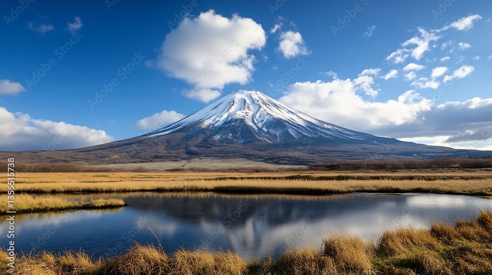 Fototapeta premium Majestic Mount Fuji Reflected in Calm Waters Under a Bright Blue Sky with White Fluffy Clouds : Generative AI