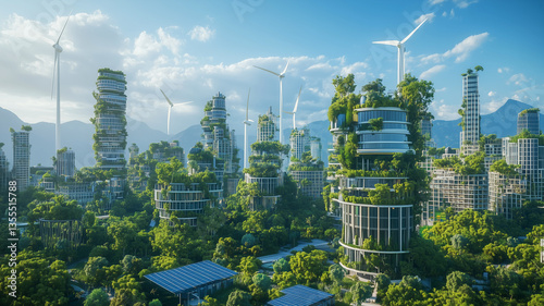 futuristic cityscape powered by renewable energy features lush greenery, wind turbines, and solar panels, blending nature with urban living. skyline is dominated by eco friendly skyscrapers